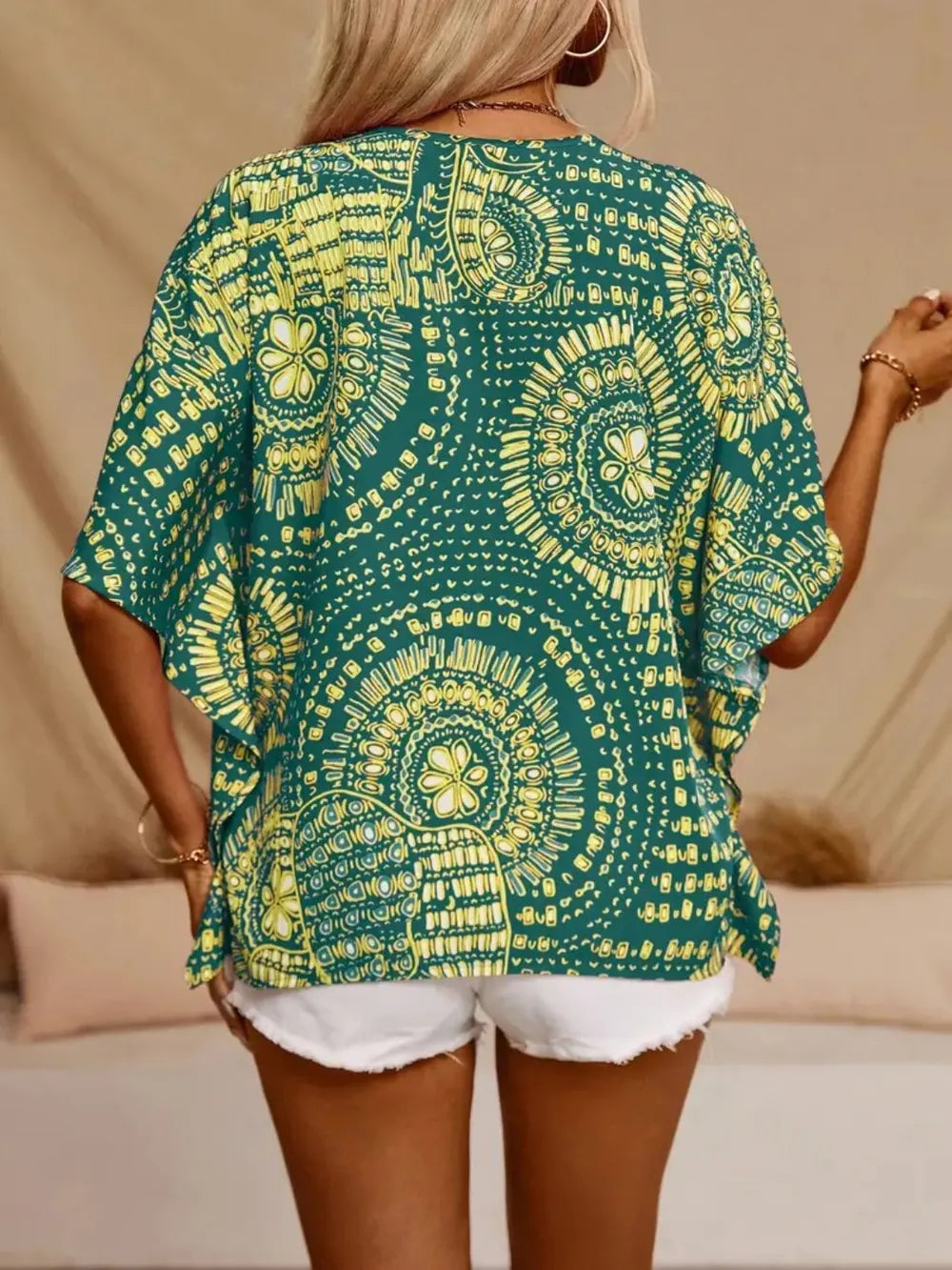 Printed V-Neck Half Sleeve Top by Trendsi