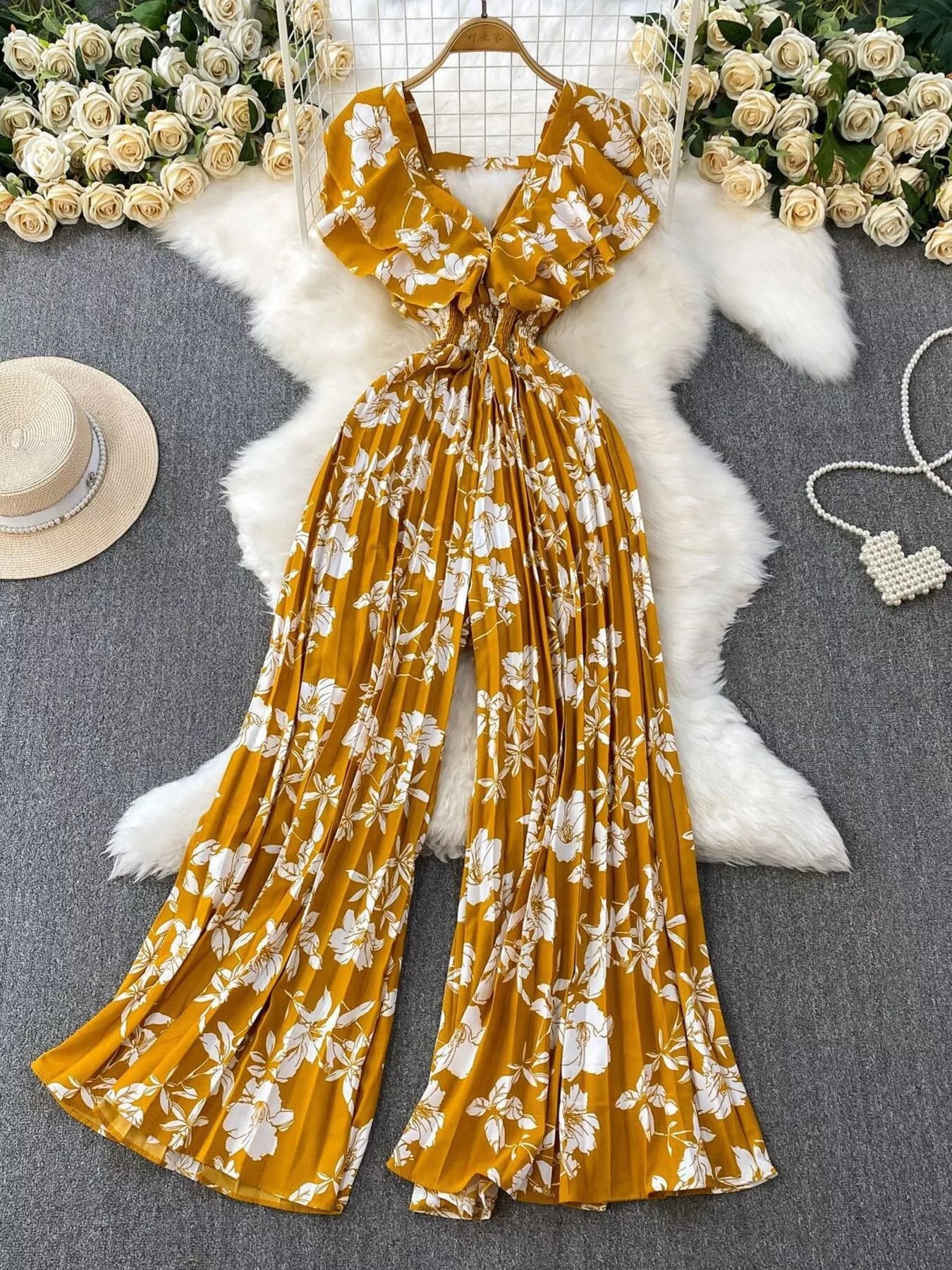 Floral Print Wide Leg Pleated Jumpsuit by Trendsi