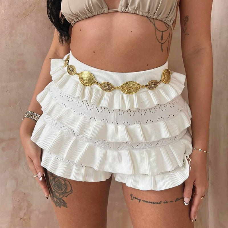Sexy Solid-Colored High-Waisted Ruffle-Trimmed Shorts by Royal Closet