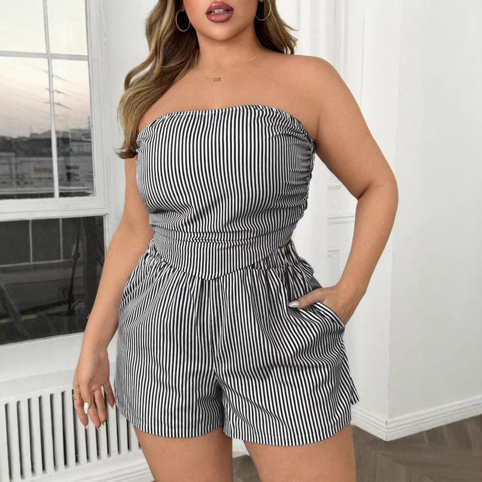 New Women's Sexy Striped Crop Top and Shorts Two-piece Set by eprolo