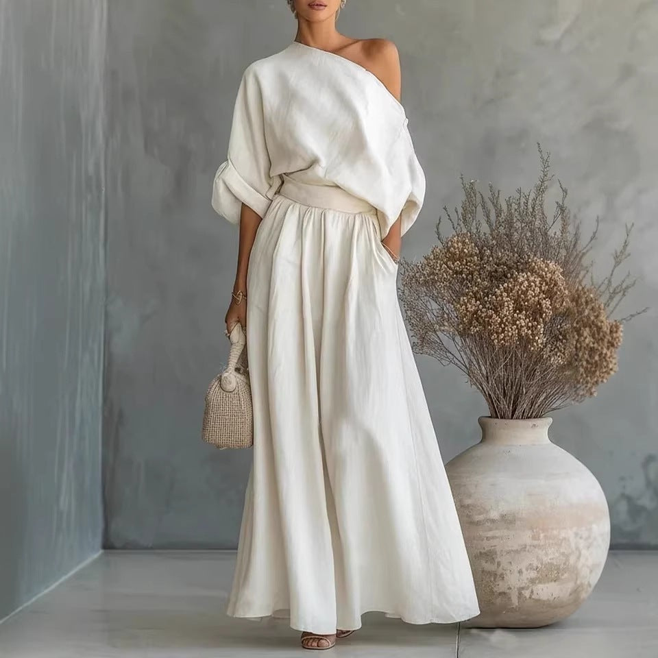 Elegant Fitted Asymmetrical Shoulder Top and Pants Two-Piece Set by eprolo