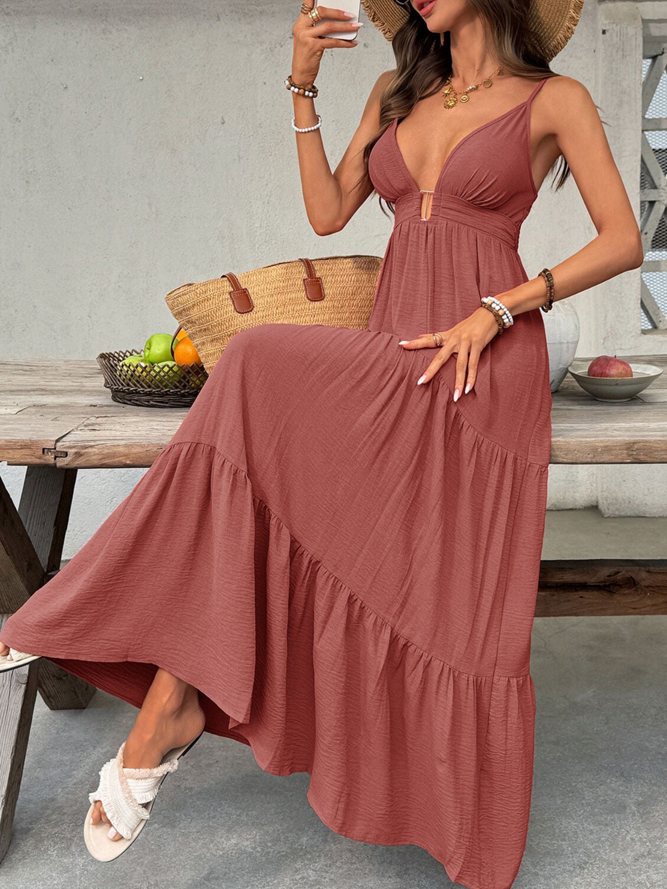 Deep V-Neck Tiered Maxi Dress by Trendsi