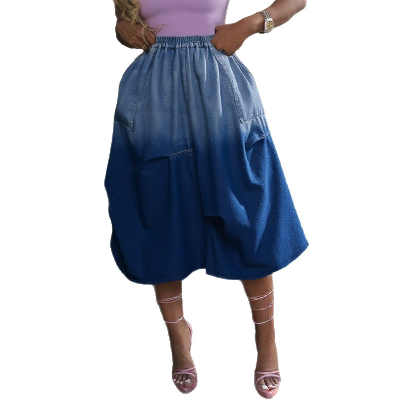 Washed Gradient Elastic Waist Denim Skirt by eprolo