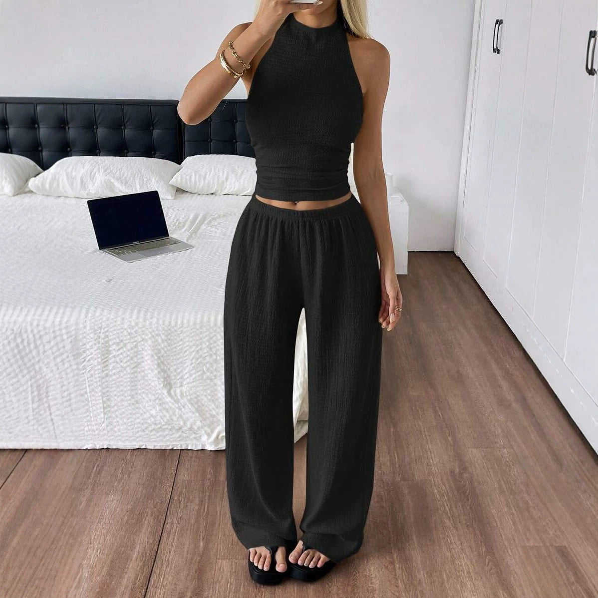 Women's Strapless Top with Wide-Leg Pants Casual Two-Piece Set by eprolo