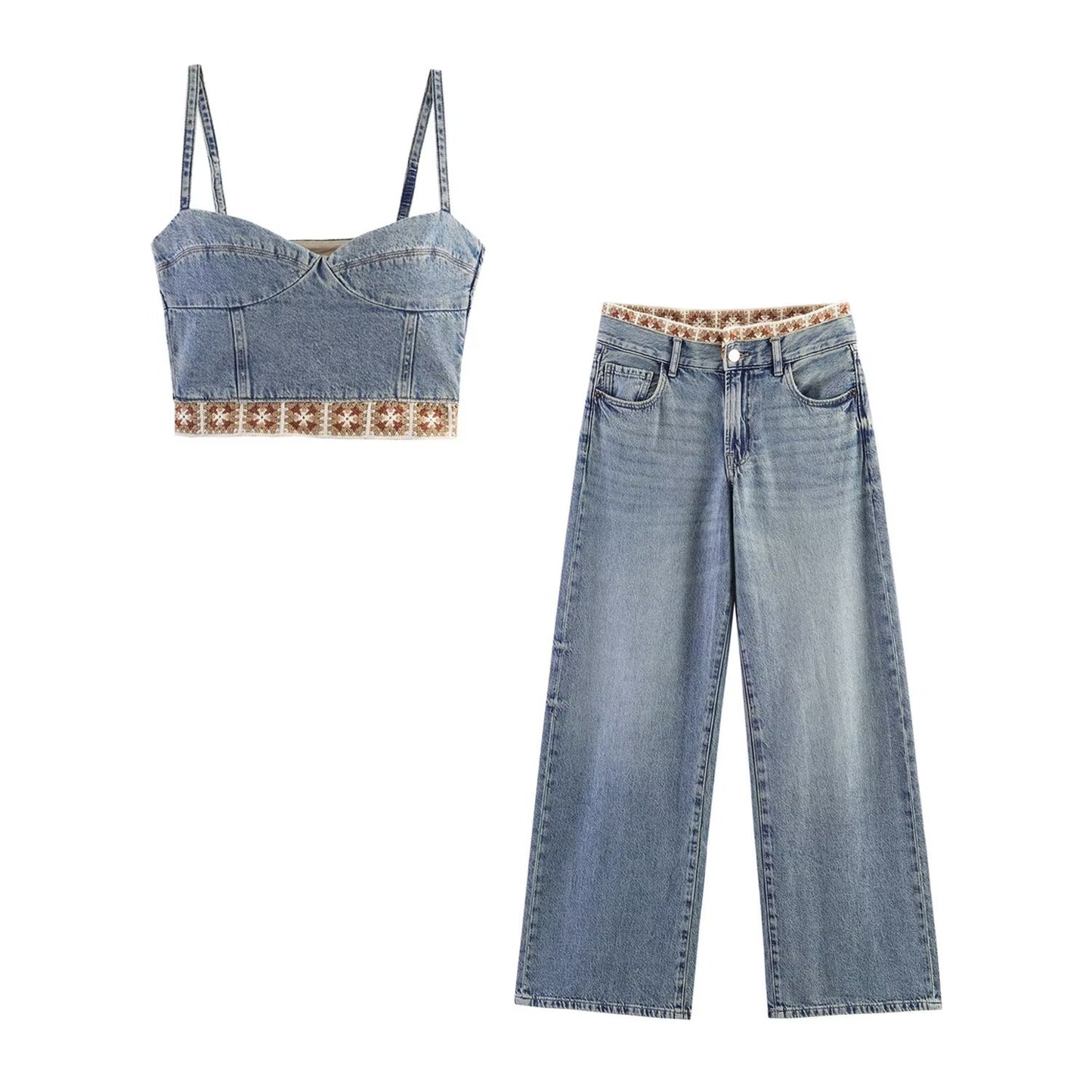 Splicing top+loose jeans set by eprolo
