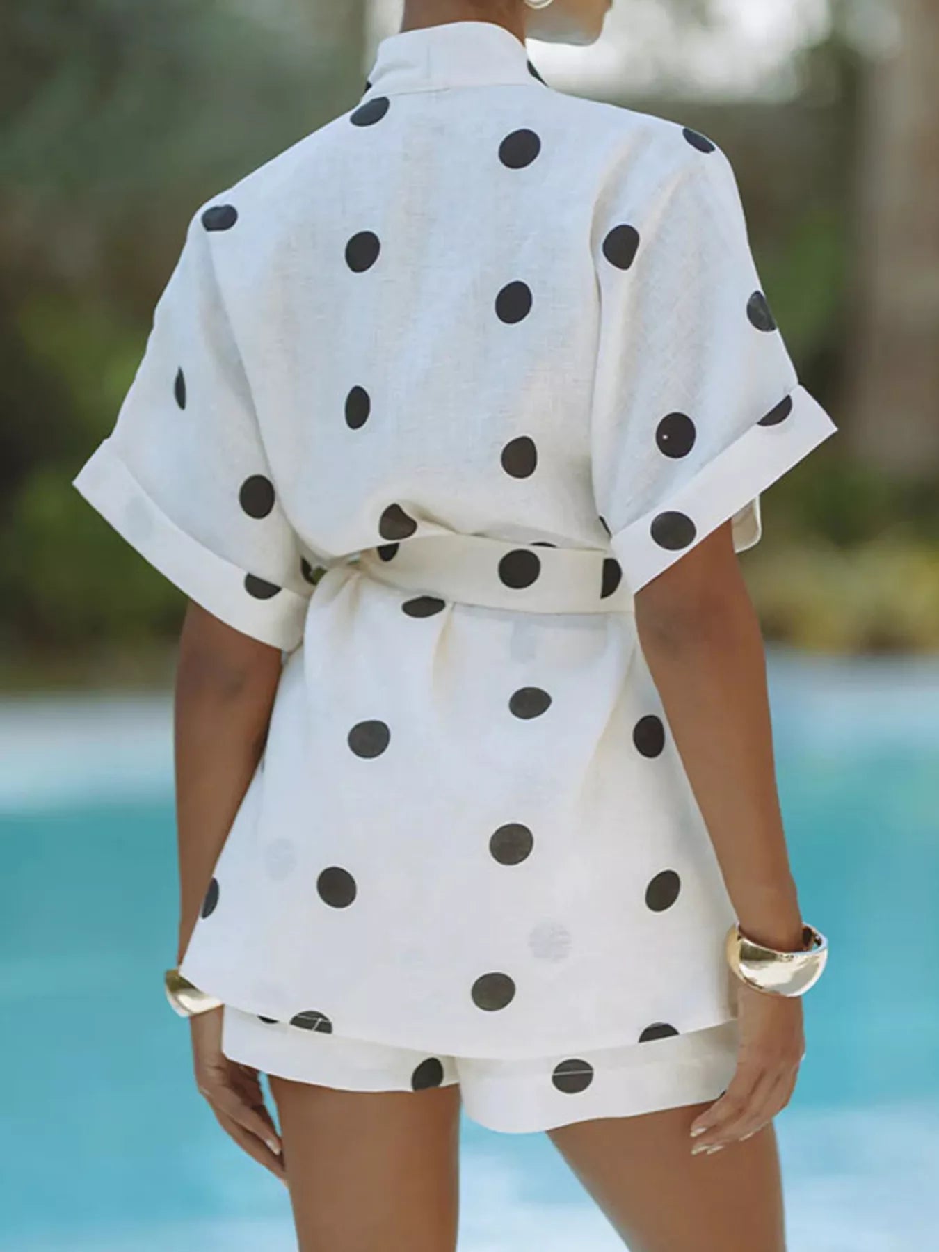 Polka Dot Tie Waist Top and Shorts Set by Trendsi