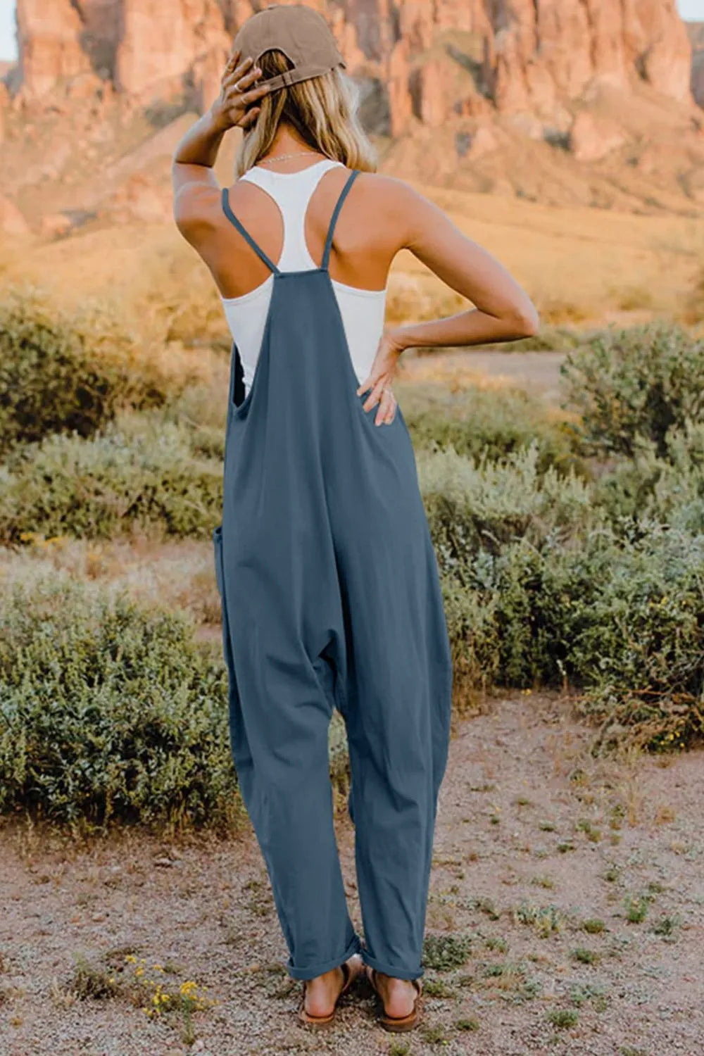 Double Take Full Size V-Neck Sleeveless Jumpsuit with Pockets by Trendsi