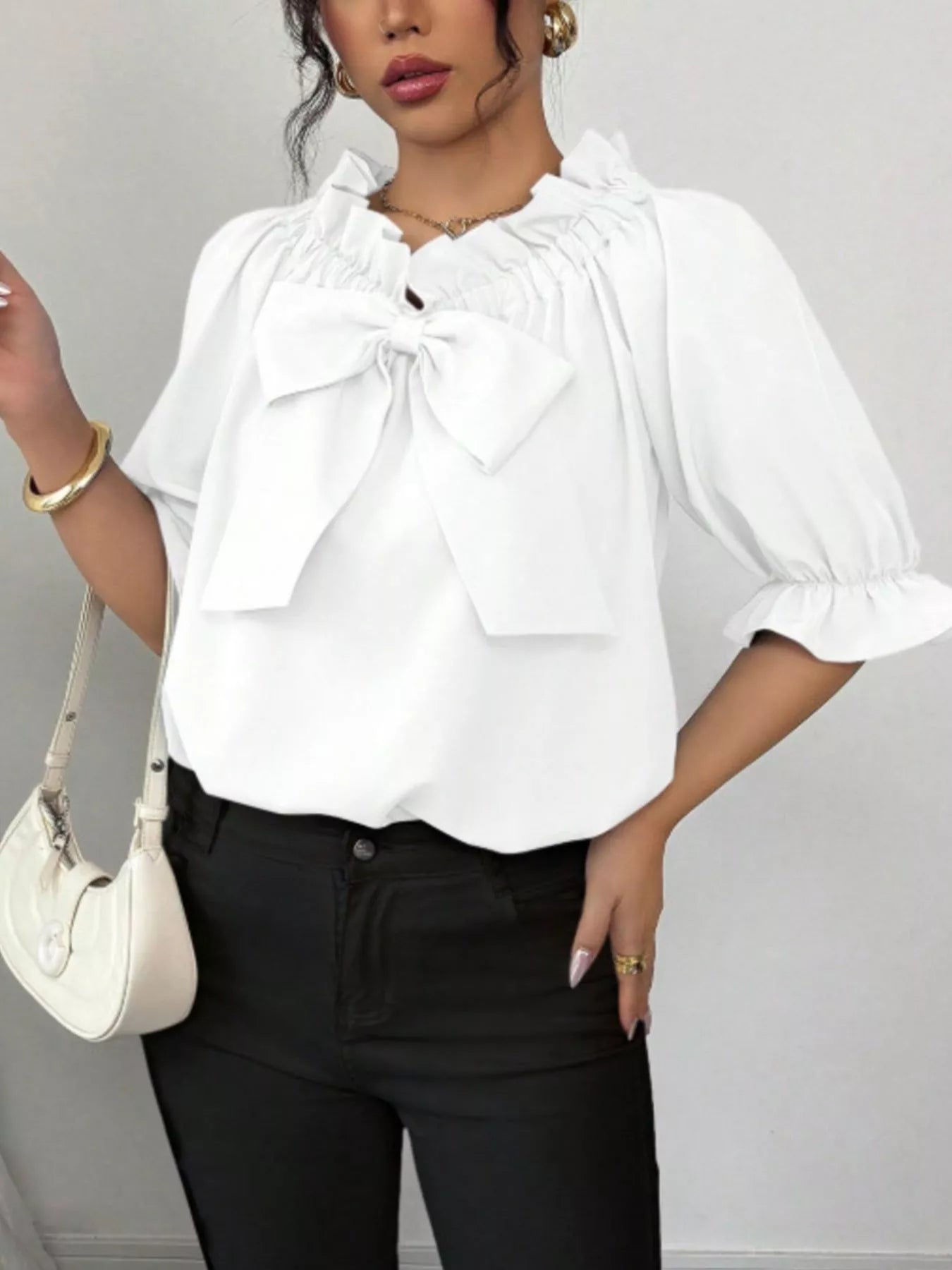 Bow Flounce Sleeve Blouse by Trendsi