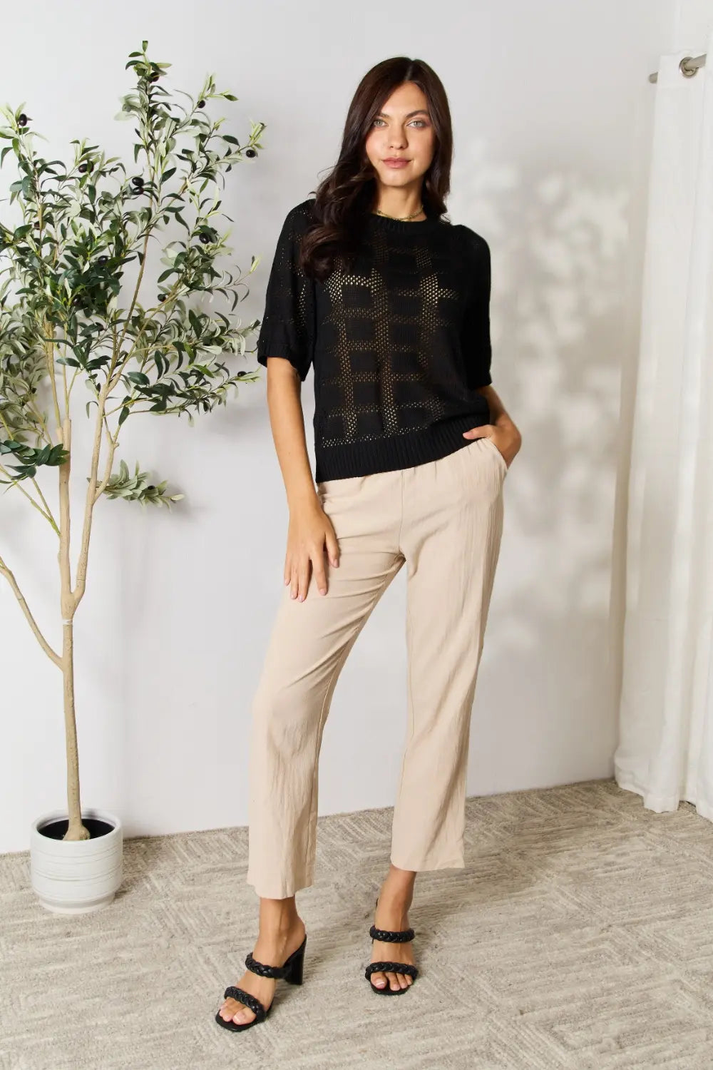 Mandy Ribbed Trim Round Neck Knit Top by Trendsi