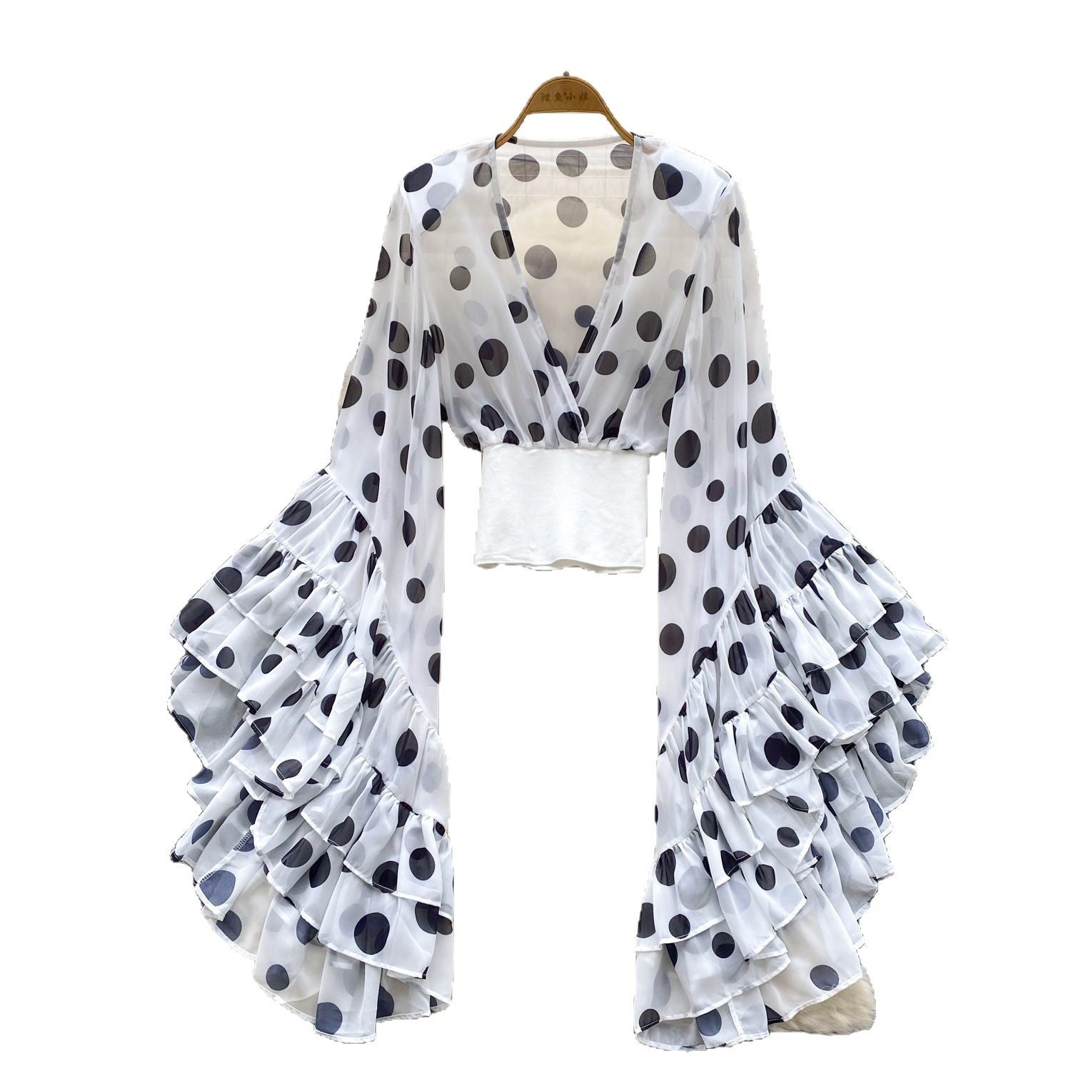 Womens Sheer Cross V-Neck Waist-Cinched Flare-Sleeve Polka-Dot Top by Royal Closet