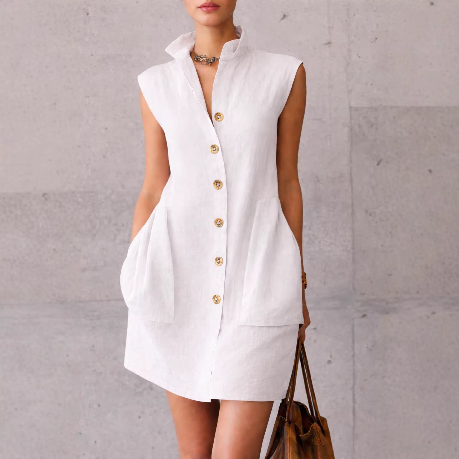 Womens Summer Slimming Sleeveless Stand-Collar Shirt Dress by Royal Closet
