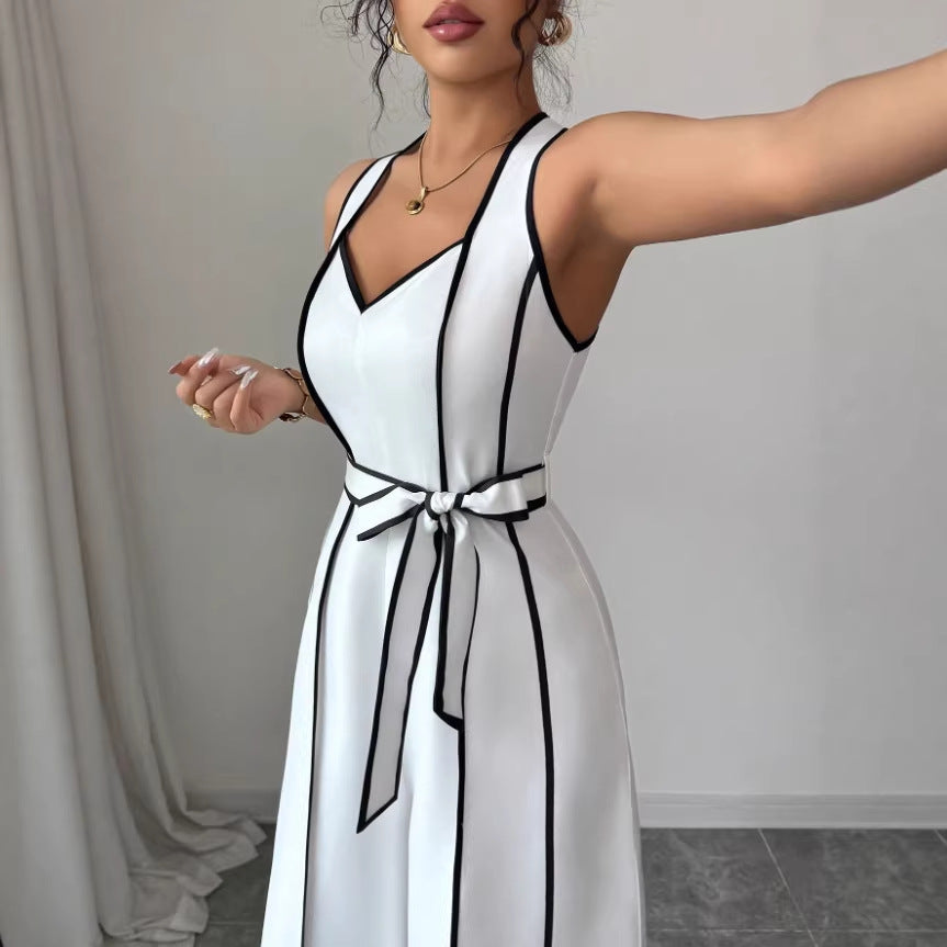 Striped Sleeveless V-neck Black-and-white Color-block Wide-leg Jumpsuit by MELI