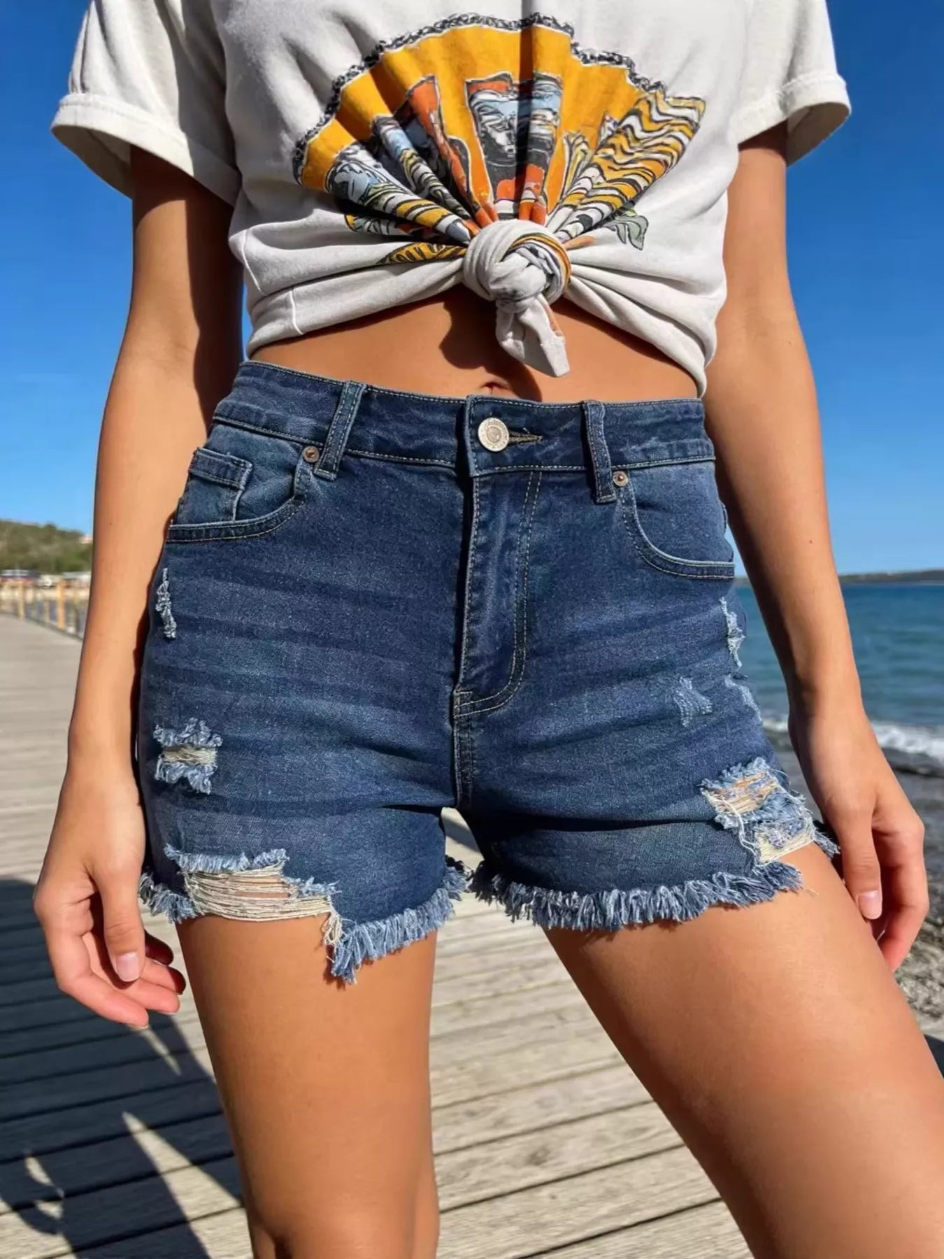 Distressed Frayed Hem Denim Shorts by Trendsi