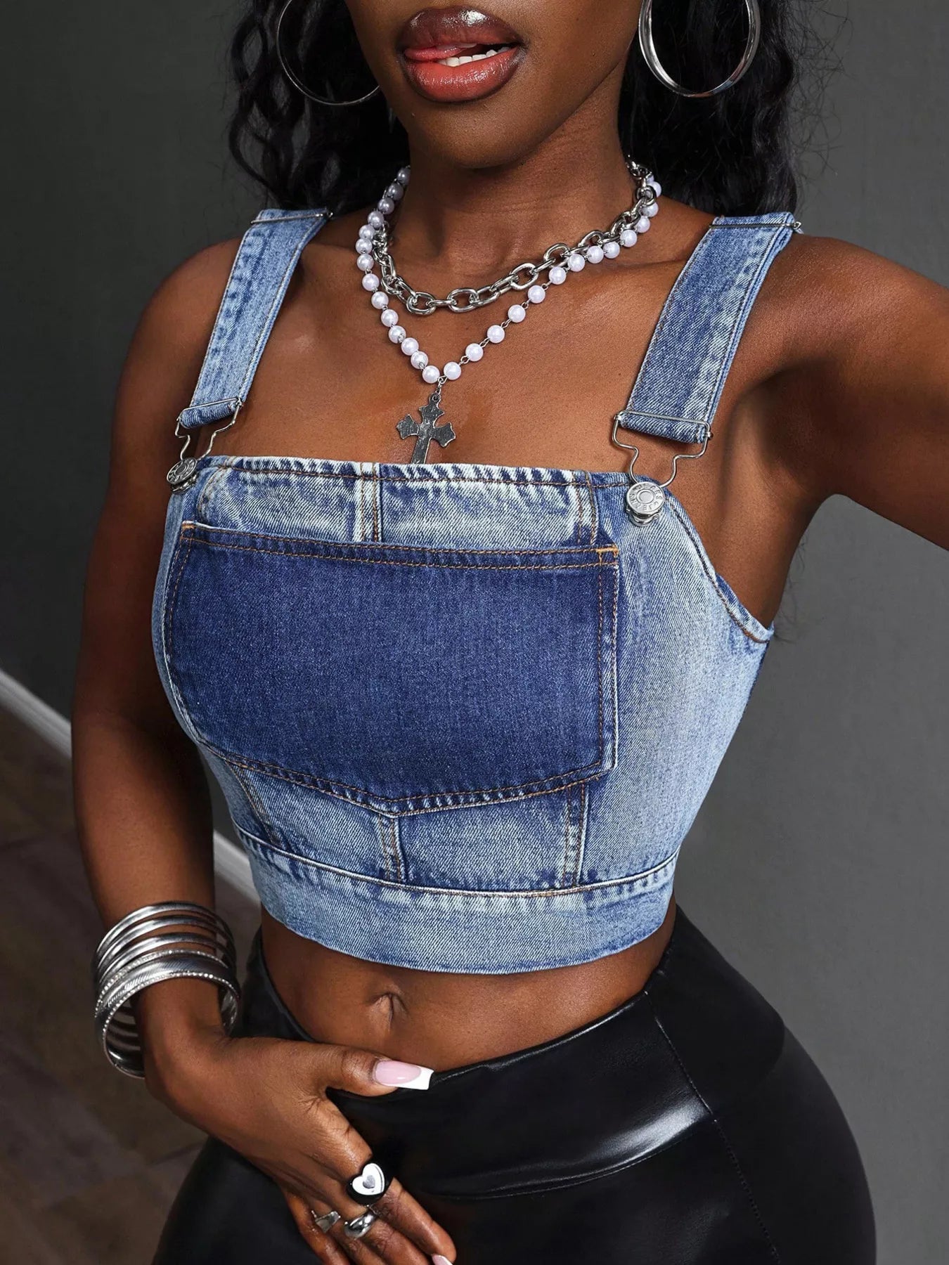 Cropped Denim Top with Adjustable Straps by Trendsi
