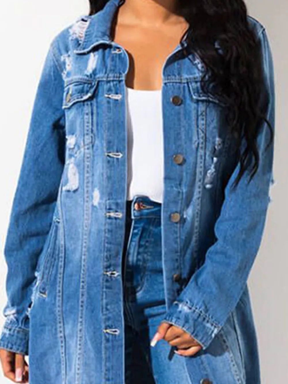Long Sleeve Raw Hem Denim Jacket by Trendsi