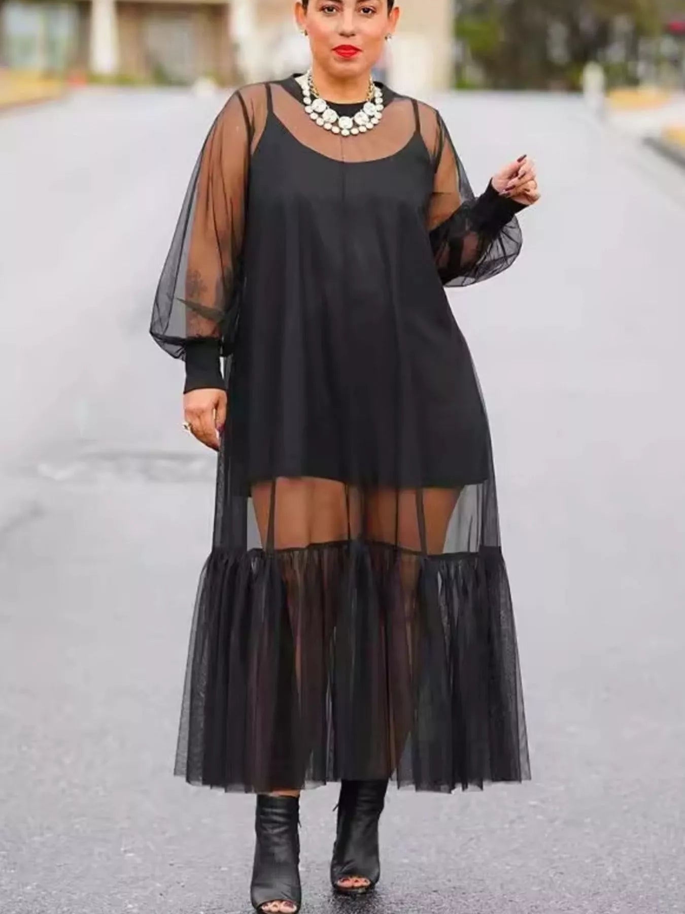 Scoop Neck Cami Dress and Sheer Mesh Dress Set by Trendsi