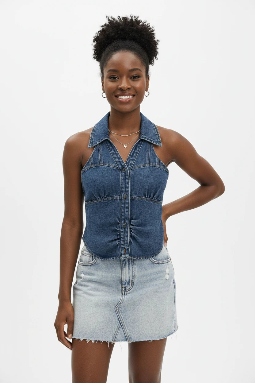Smocked Denim Halter Collar Top by Trendsi