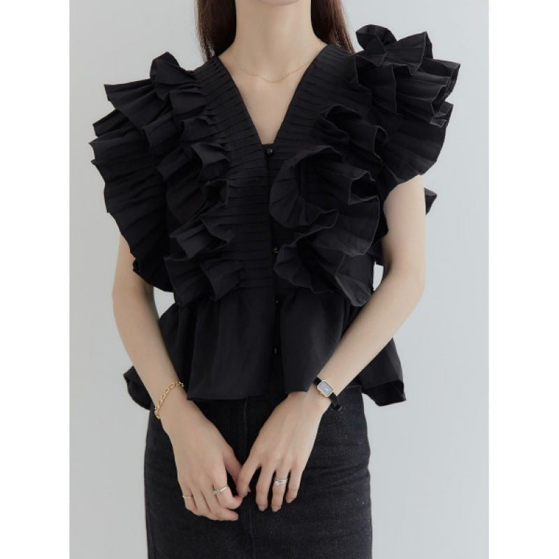 Womens Single-breasted Ruffled Pleated Short Blouse by Royal Closet