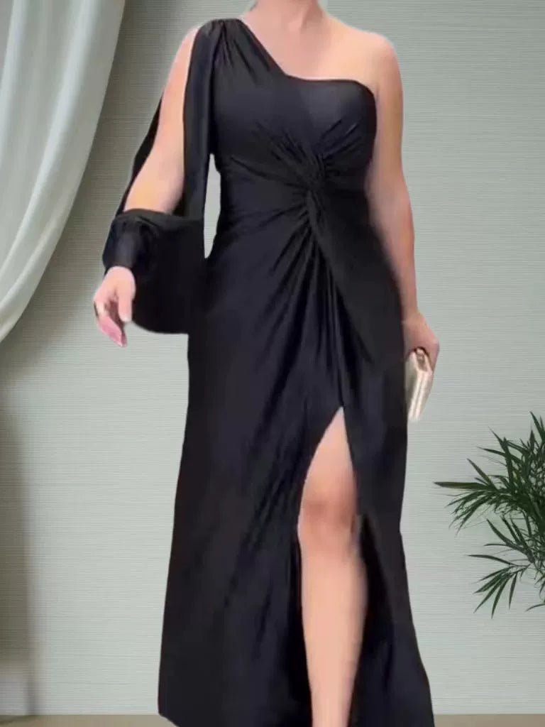 Women's Diagonal Shoulder Knot Split Solid Color Slim Fit Dress by Royal Closet