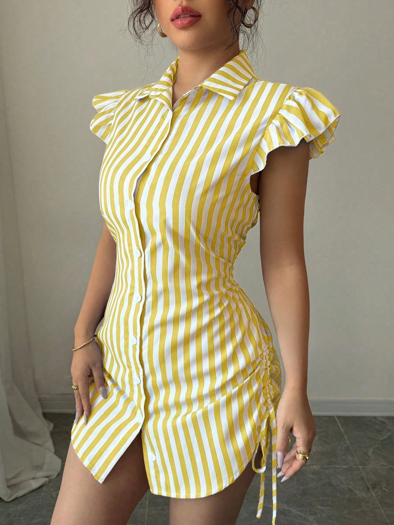 Striped Shirt-collar Casual Waist-cinched Chic Dress by Royal Closet