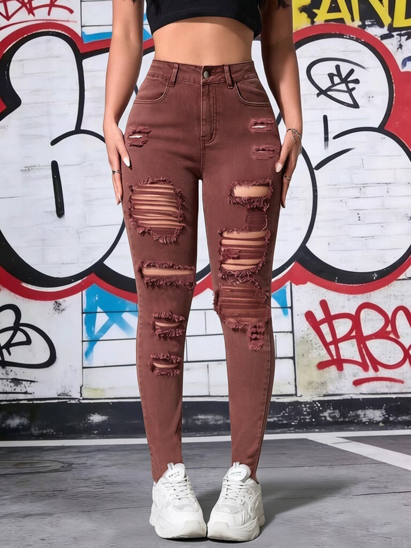 Women's High Waist Brown Ripped Skinny Jeans by Royal Closet
