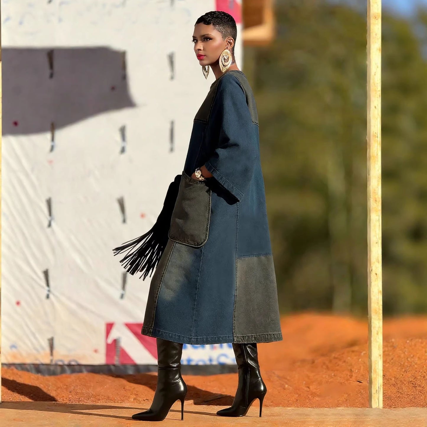 Pocket Loose Denim Dress with Design and Asymmetrical Hem by eprolo