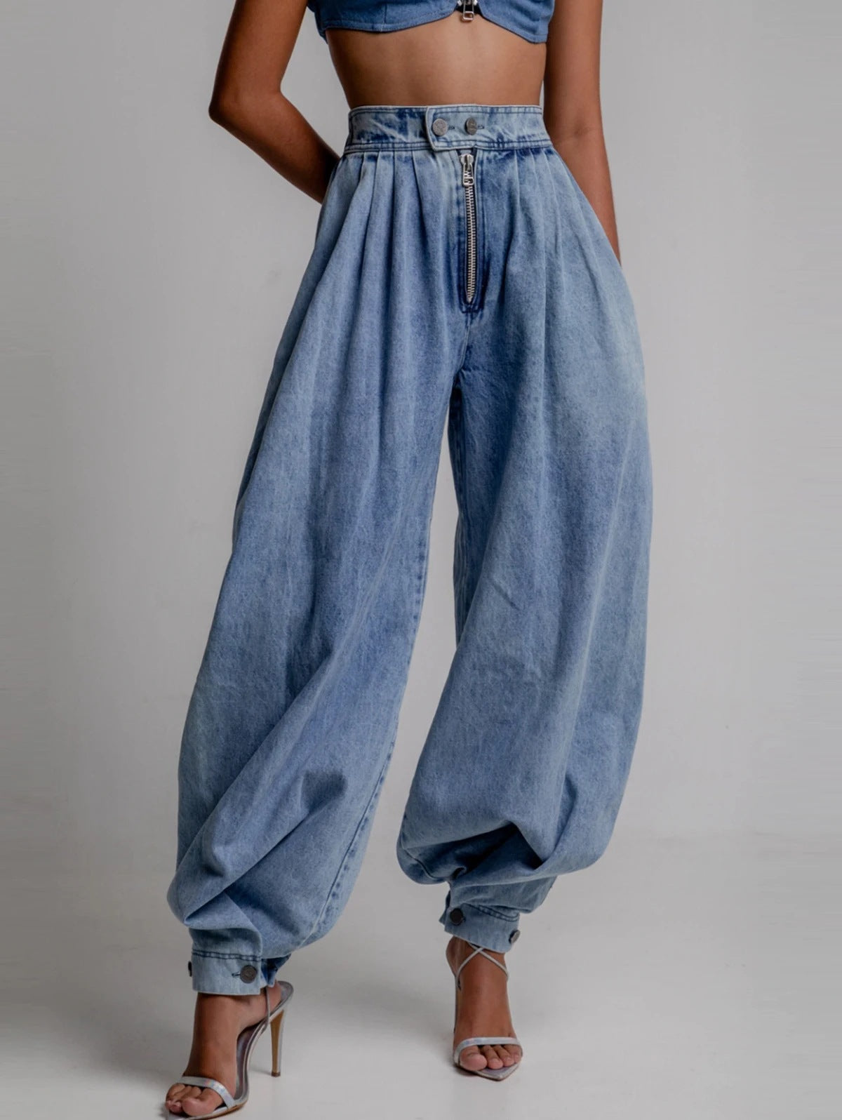High Waist Zipper Denim Loose Harem Pants by Royal Closet