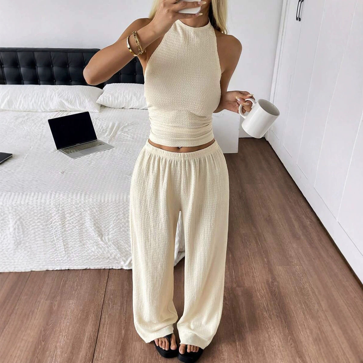 Women's Strapless Top with Wide-Leg Pants Casual Two-Piece Set by eprolo