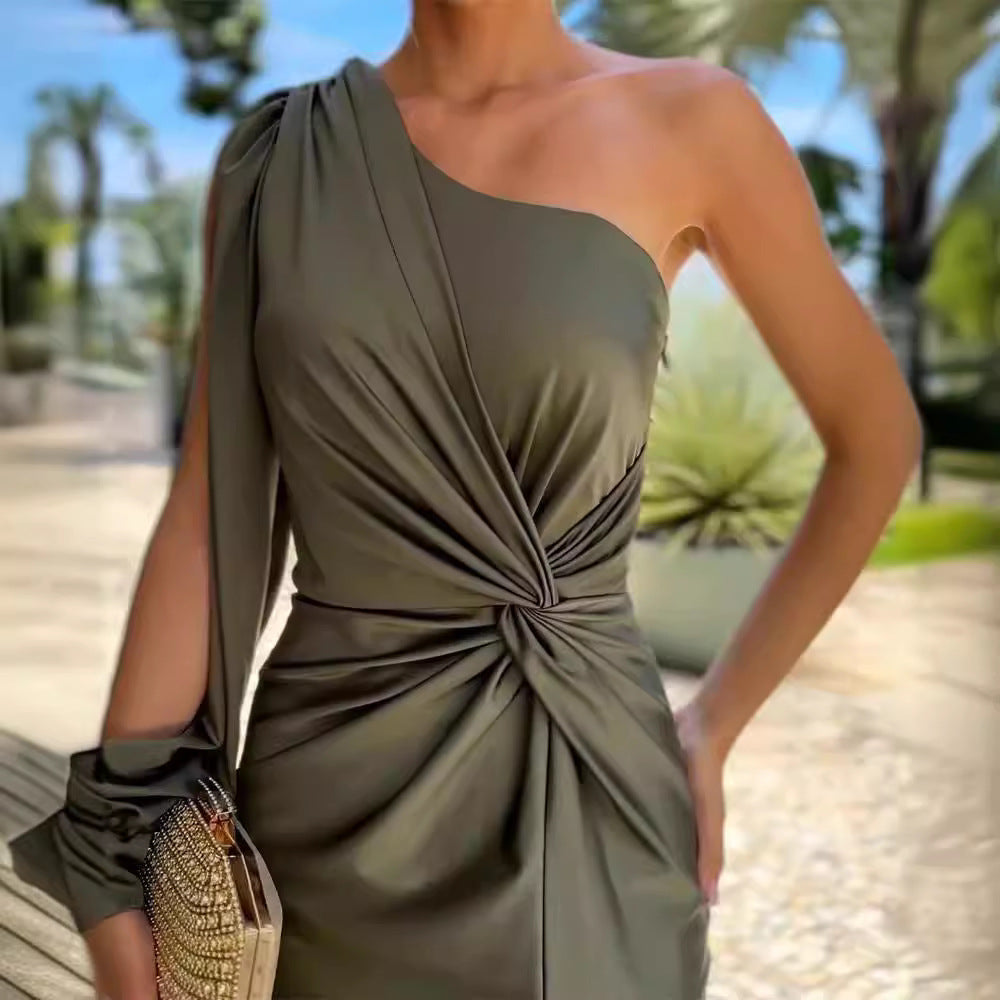 Women's Diagonal Shoulder Knot Split Solid Color Slim Fit Dress by Royal Closet