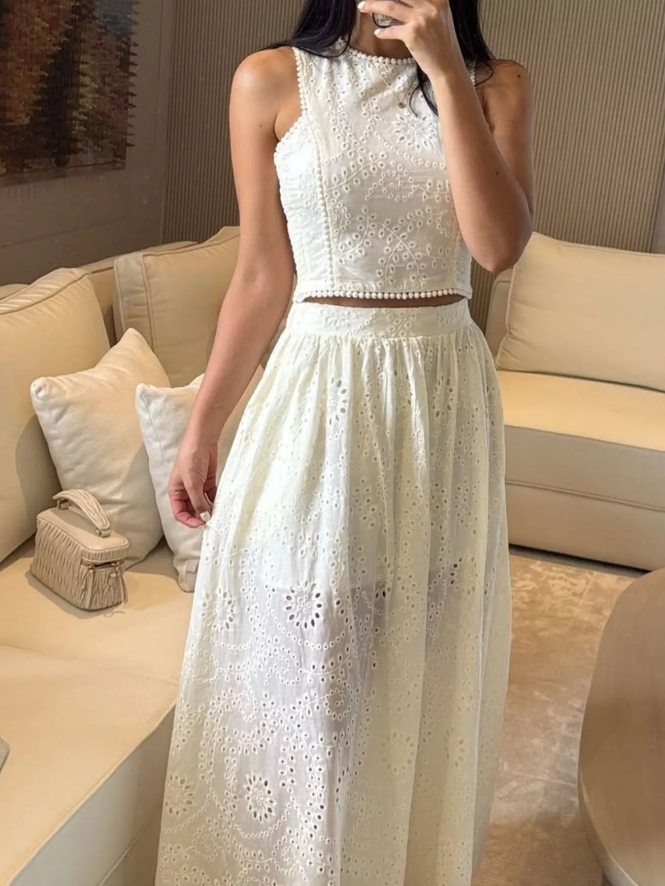 Eyelet Crop Top and Maxi Skirt Set by Trendsi