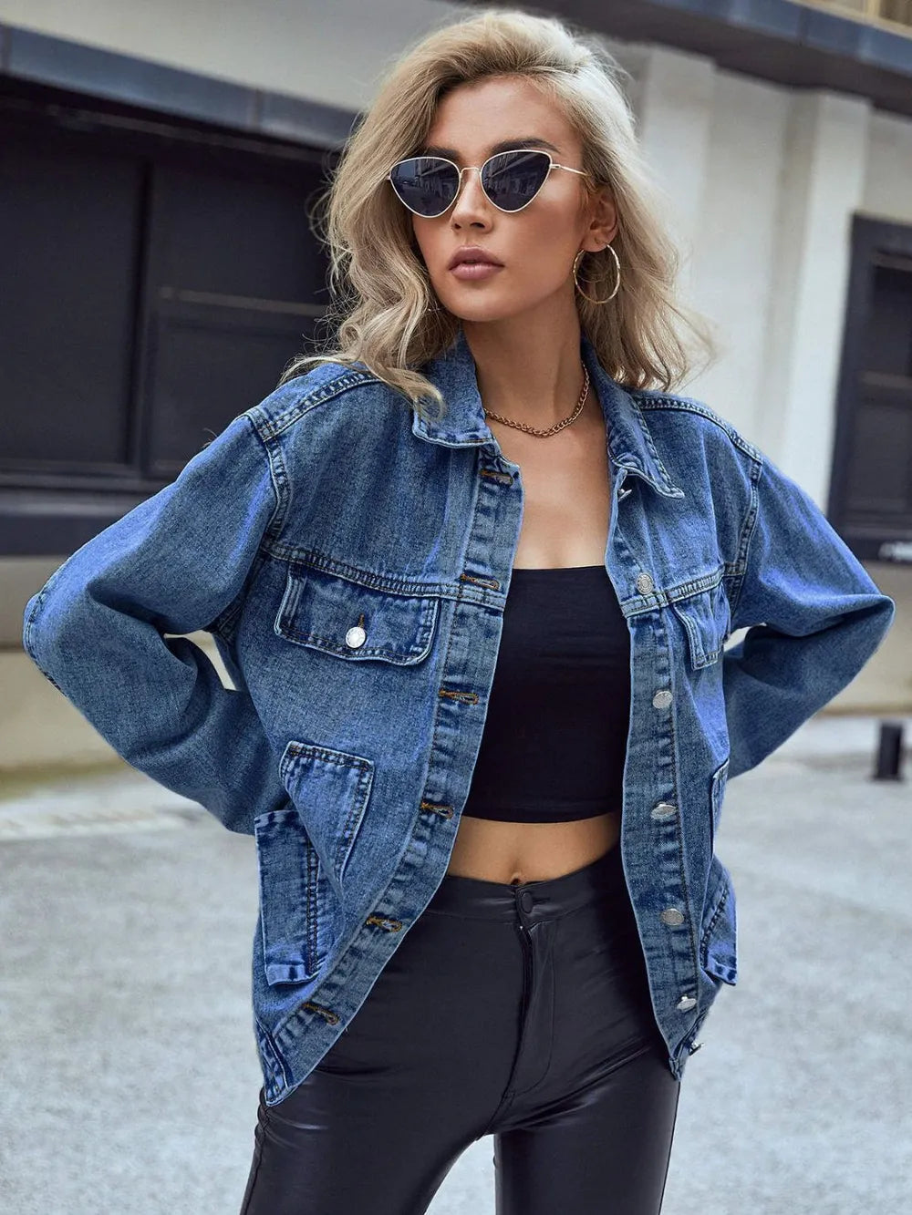 Pocketed Button Down Collared Neck Denim Top by Trendsi