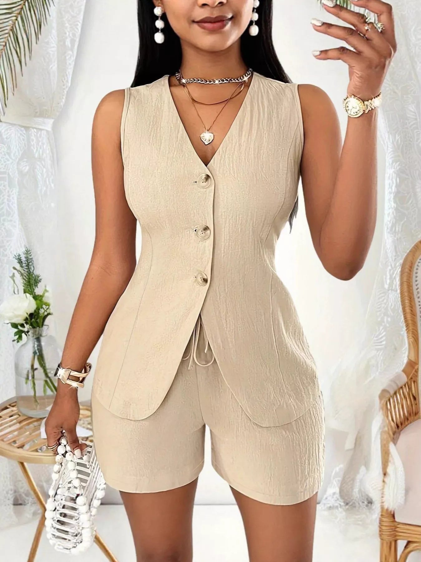 Sleeveless Button-Down Vest & Shorts Set by Trendsi