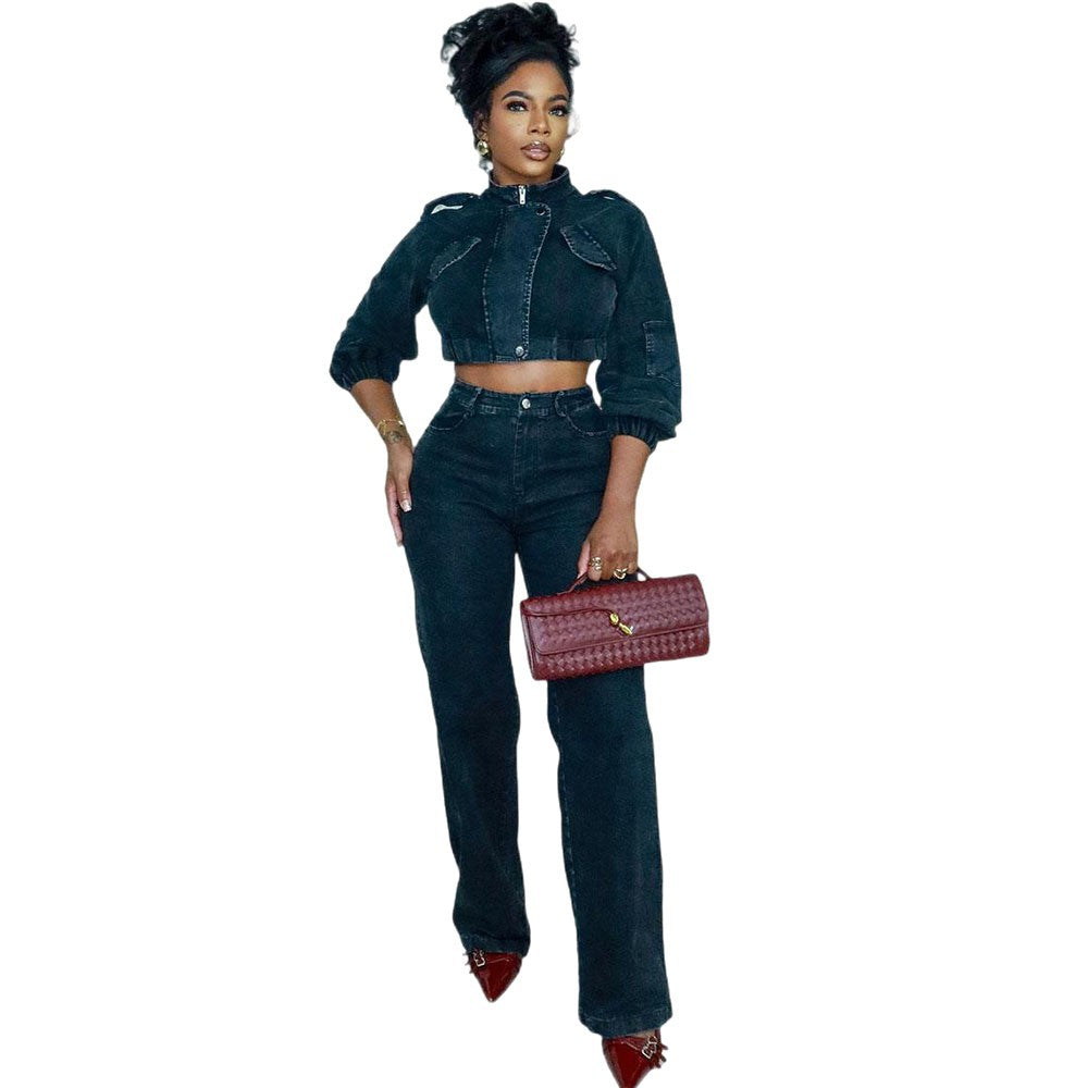 Denim Set Fashion Long Sleeve Cropped Jacket High Waist Denim Pants by eprolo