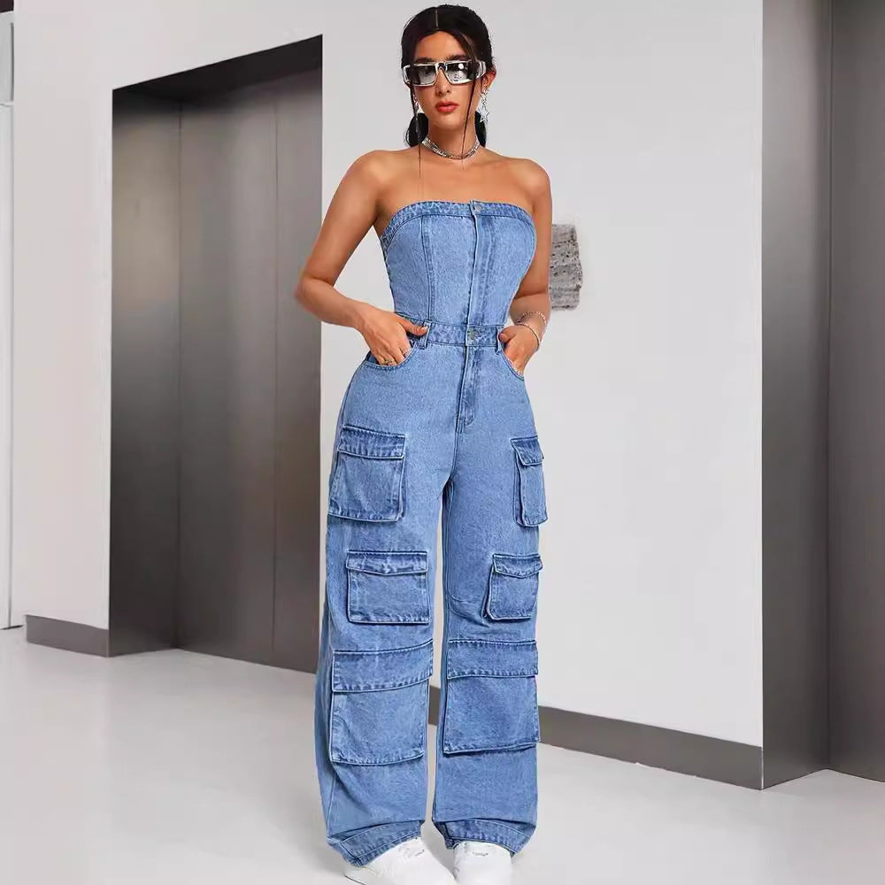 Women's Denim Jumpsuit Fashion Crop Top Multi-Pocket Utility Pants by eprolo