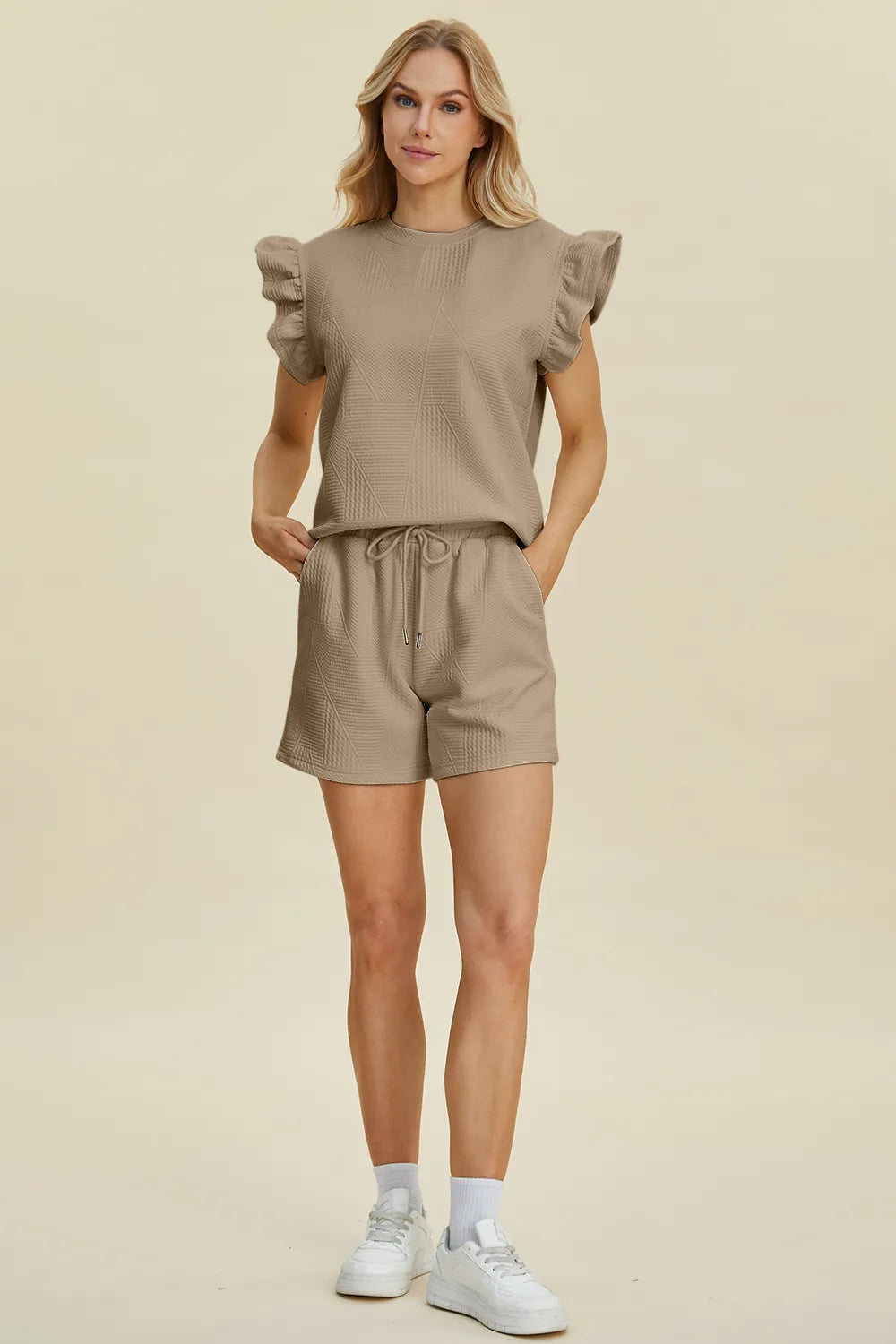 Double Take Full Size Texture Round Neck Ruffle Sleeve Top and Shorts Set by Trendsi