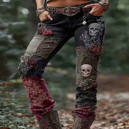 Womens Denim Jeans with Colorful 3D Floral Prints by Royal Closet