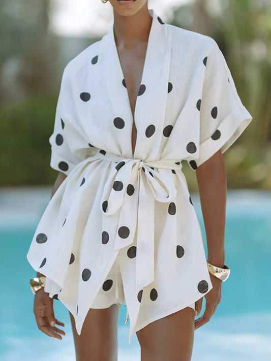 Polka Dot Tie Waist Top and Shorts Set by Trendsi