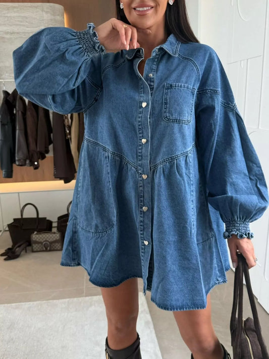 Button Down Mini Denim Dress with Front Pockets by Trendsi