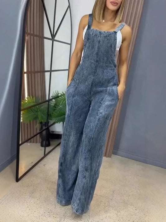 Full Size Wide Leg Washed Denim Overalls Plus Size by Trendsi
