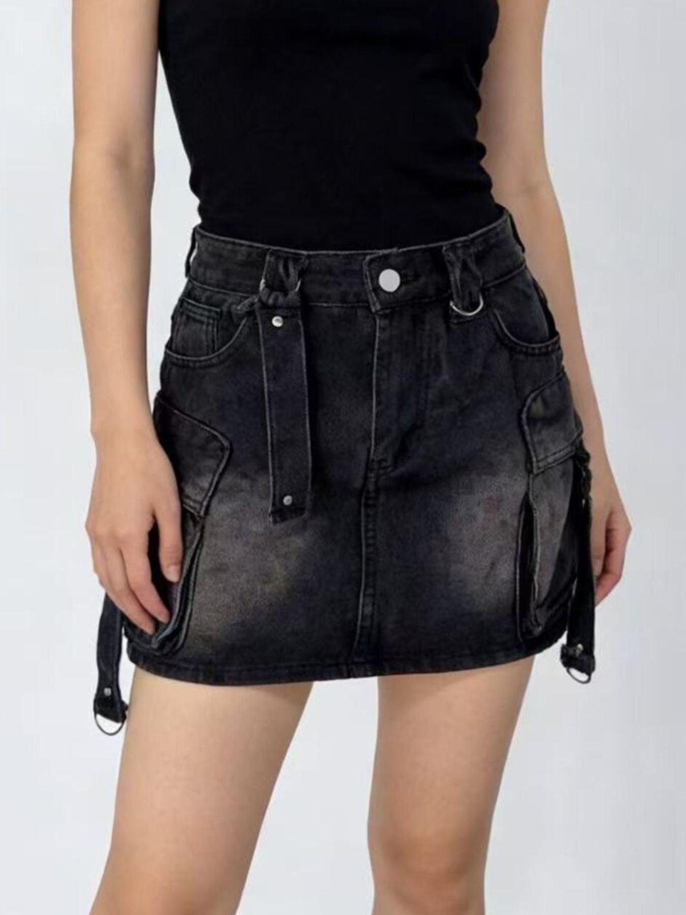 Washed Cargo Denim Skirt by Trendsi