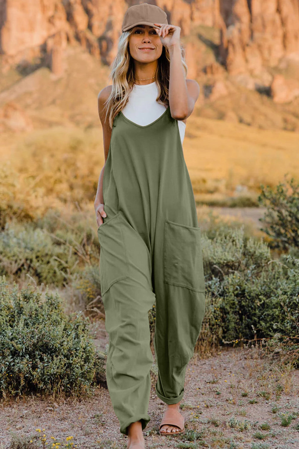 Double Take Full Size V-Neck Sleeveless Jumpsuit with Pockets by Trendsi