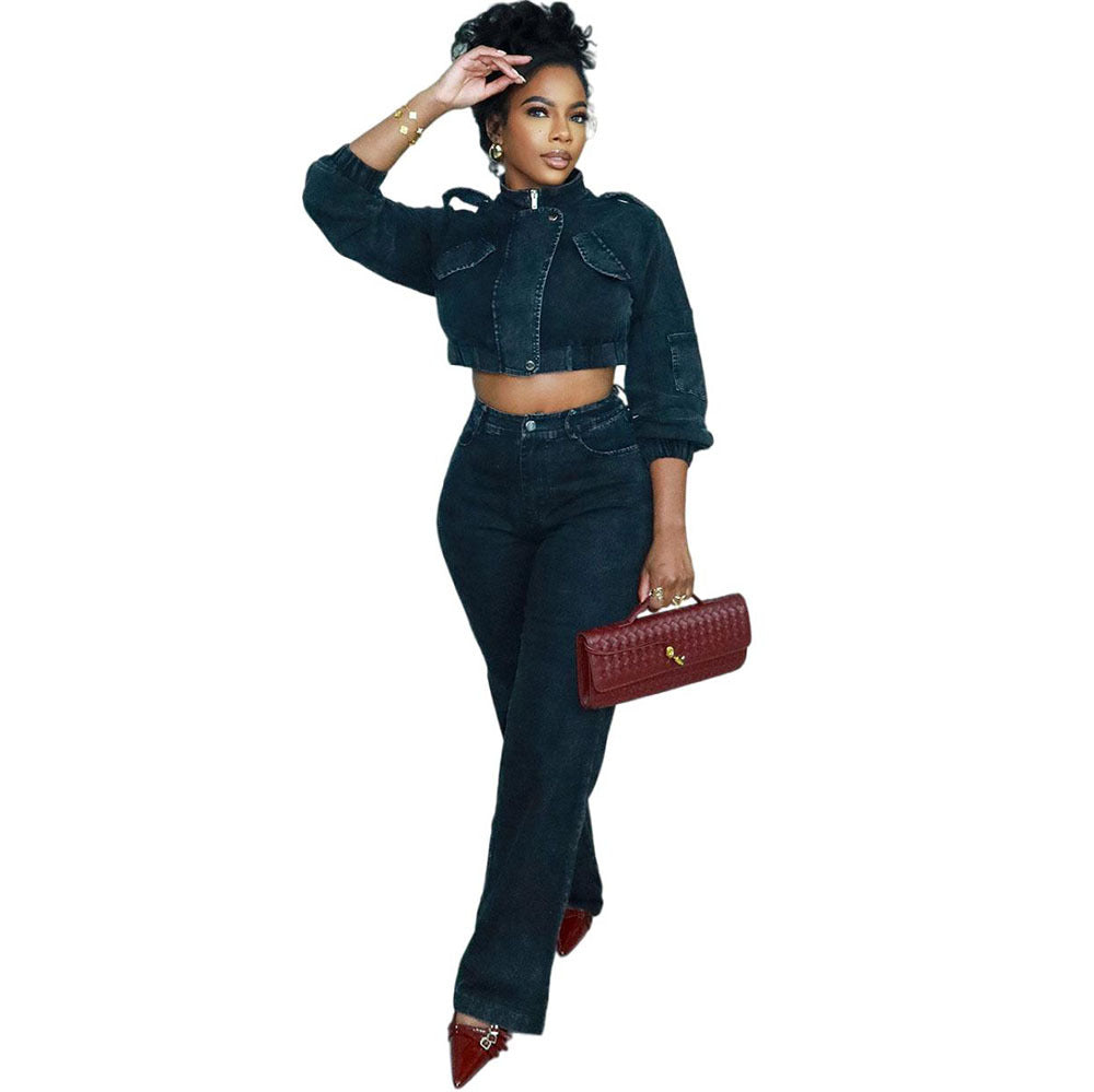 Denim Set Fashion Long Sleeve Cropped Jacket High Waist Denim Pants by eprolo