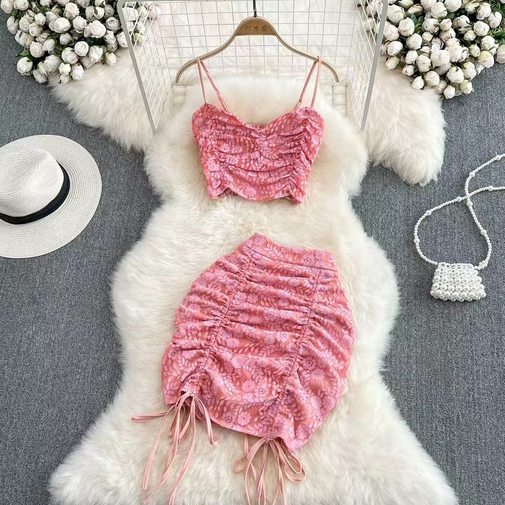 European and American Style Sexy Womens Lace Two Piece Hooked Flower Strap Top High Waist Drawstring Wrapped Hip Half Skirt Set by eprolo