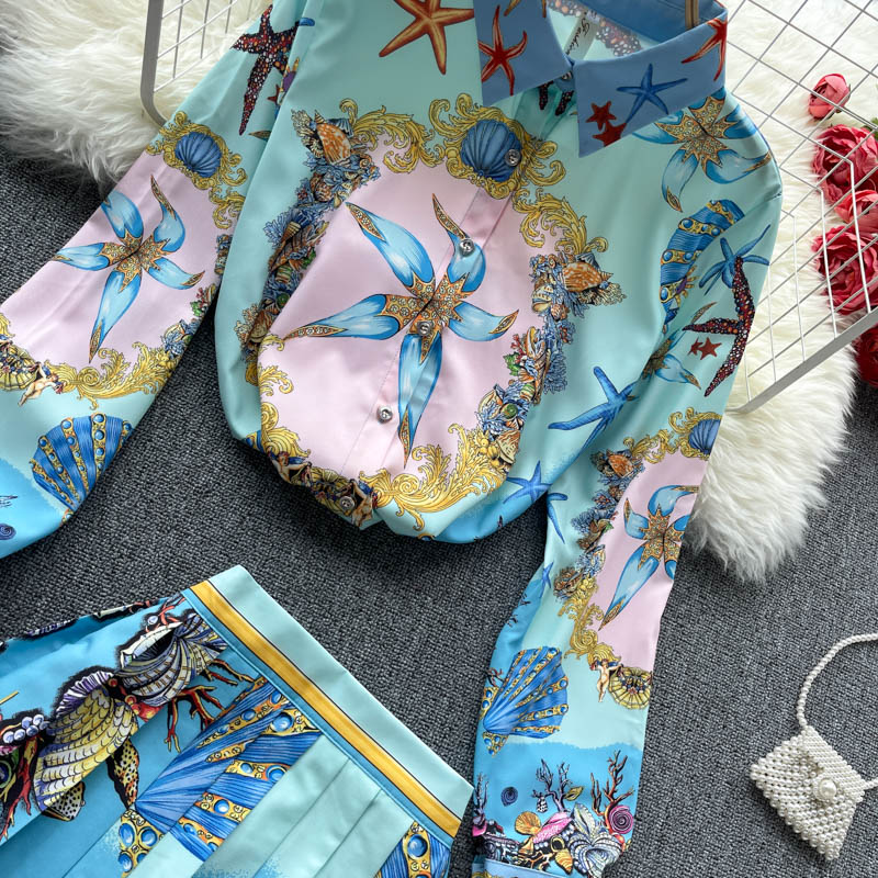Spring New Women's Skirt Suits Long Sleeve Vintage Print Shirt Blouse And High Waist Fashion Pleated Skirts Two Piece Sets by eprolo