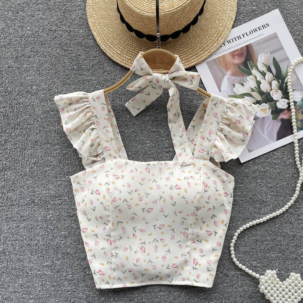 Summer Fresh Slim Fit Short Versatile Holiday Style Strap Top for Womens Unique Sexy Spicy Girls Small Shirt with Chest Pads by eprolo
