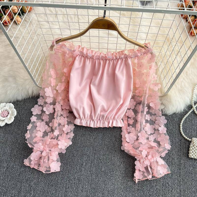 Off Shoulder Three Dimensional Flower Perspective Mesh Patchwork Chiffon Shirt for Womens Loose Waist Short Off Shoulder Top by eprolo