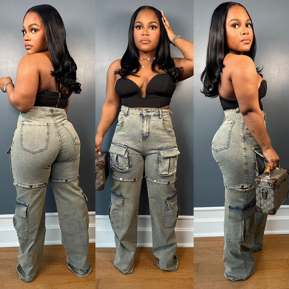 Women's Multi-Pocket Denim Pants with Detachable Buttons Straight Leg Fashion Casual Jeans by eprolo