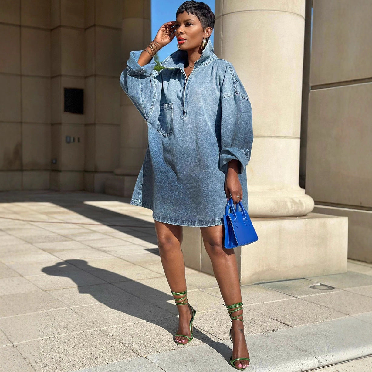 Chic Women's Loose Fit Dress with Turn-Down Collar, Gradient Color, Long Sleeve Denim Dress by eprolo
