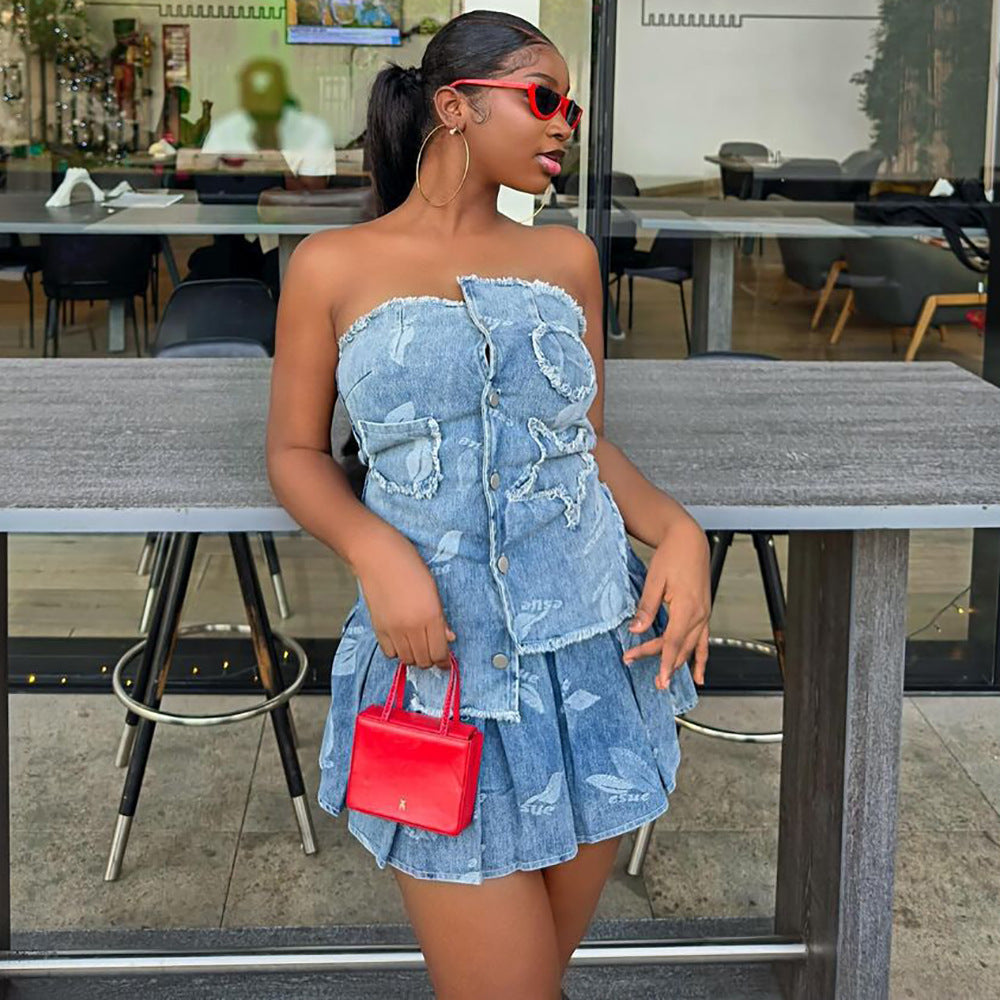 Women's Sexy Dress Set Fashion Trendy Irregular Strapless Top Pleated Skirt by eprolo