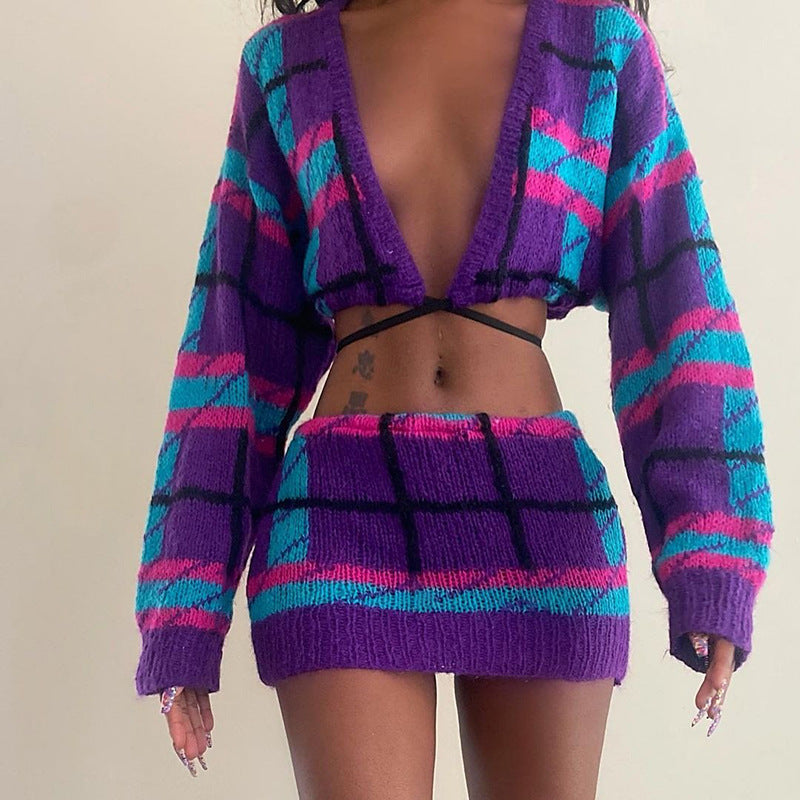 Fashion Knit Ribbed Plaid Women's Set Long Sleve Tie Up Hem Sweater and Midi Mini Skirts Two 2 Piece Sets Outfits by eprolo